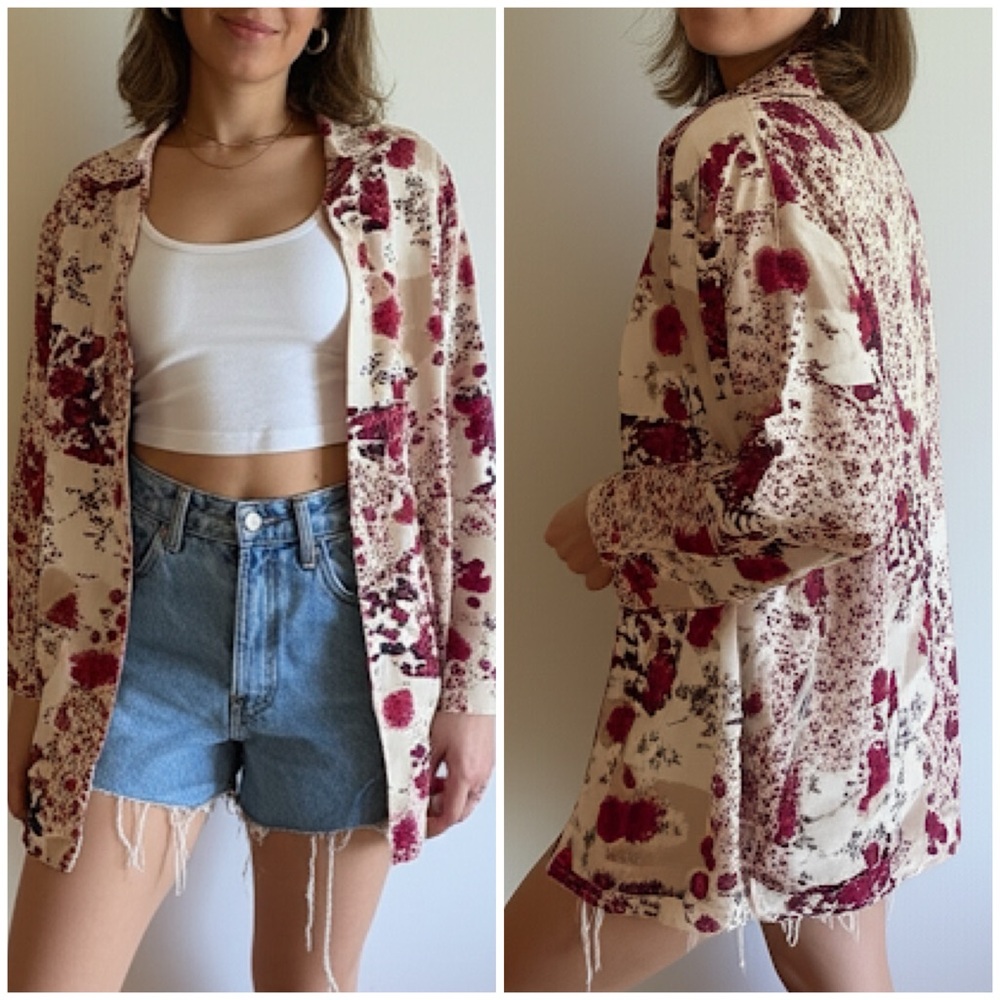 80s 90s Vintage Oversized Lightweight Button Down Mixed Floral Print Casual‎ Top